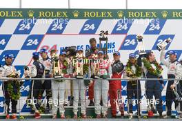 06.-12.06.2011 Le Mans, France, Race, LM P1 podium: class and overall winners Marcel Faessler, Andre Lotterer and Benoit Treluyer, second place Sebastien Bourdais, Simon Pagenaud and Pedro Lamy, third place Franck Montagny, Stephane Sarrazin and Nicolas Minassian - 24 Hour of Le Mans 2011