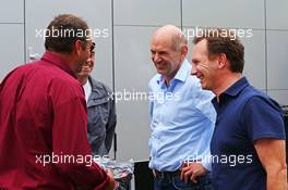 (L to R): Gerhard Berger (AUT) with Adrian Newey (GBR) Red Bull Racing Chief Technical Officer and Christian Horner (GBR) Red Bull Racing Team Principal. 19.06.2014. Formula 1 World Championship, Rd 8, Austrian Grand Prix, Spielberg, Austria, Preparation Day.