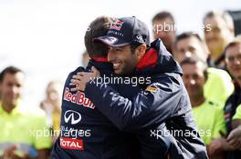 Race winner Daniel Ricciardo (AUS) Red Bull Racing celebrates with Christian Horner (GBR) Red Bull Racing Team Principal and the team. 24.08.2014. Formula 1 World Championship, Rd 12, Belgian Grand Prix, Spa Francorchamps, Belgium, Race Day.