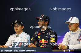 The post race FIA Press Conference (L to R): Nico Rosberg (GER) Mercedes AMG F1, second; Daniel Ricciardo (AUS) Red Bull Racing, race winner; Valtteri Bottas (FIN) Williams, third. 24.08.2014. Formula 1 World Championship, Rd 12, Belgian Grand Prix, Spa Francorchamps, Belgium, Race Day.