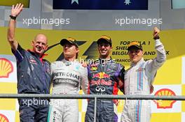 The podium (L to R): Adrian Newey (GBR) Red Bull Racing Chief Technical Officer; Nico Rosberg (GER) Mercedes AMG F1, second; Daniel Ricciardo (AUS) Red Bull Racing, race winner; Valtteri Bottas (FIN) Williams, third. 24.08.2014. Formula 1 World Championship, Rd 12, Belgian Grand Prix, Spa Francorchamps, Belgium, Race Day.