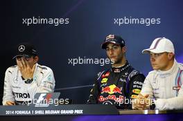 The post race FIA Press Conference (L to R): Nico Rosberg (GER) Mercedes AMG F1, second; Daniel Ricciardo (AUS) Red Bull Racing, race winner; Valtteri Bottas (FIN) Williams, third. 24.08.2014. Formula 1 World Championship, Rd 12, Belgian Grand Prix, Spa Francorchamps, Belgium, Race Day.