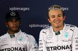(L to R): Lewis Hamilton (GBR) Mercedes AMG F1 and team mate Nico Rosberg (GER) Mercedes AMG F1 in the FIA Press Conference. 08.11.2014. Formula 1 World Championship, Rd 18, Brazilian Grand Prix, Sao Paulo, Brazil, Qualifying Day.