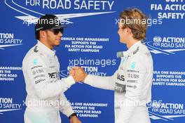 (L to R): Lewis Hamilton (GBR) Mercedes AMG F1 congratulates Nico Rosberg (GER) Mercedes AMG F1 on his pole position in parc ferme. 08.11.2014. Formula 1 World Championship, Rd 18, Brazilian Grand Prix, Sao Paulo, Brazil, Qualifying Day.