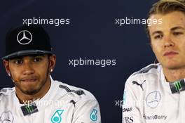 (L to R): Lewis Hamilton (GBR) Mercedes AMG F1 and team mate Nico Rosberg (GER) Mercedes AMG F1 in the FIA Press Conference. 08.11.2014. Formula 1 World Championship, Rd 18, Brazilian Grand Prix, Sao Paulo, Brazil, Qualifying Day.