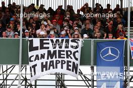 Banners by fans for Lewis Hamilton (GBR) Mercedes AMG F1. 06.07.2014. Formula 1 World Championship, Rd 9, British Grand Prix, Silverstone, England, Race Day.