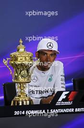 Race winner Lewis Hamilton (GBR) Mercedes AMG F1 in the FIA Press Conference. 06.07.2014. Formula 1 World Championship, Rd 9, British Grand Prix, Silverstone, England, Race Day.