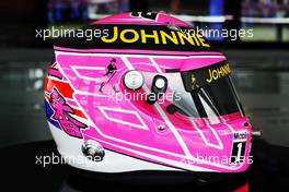 A special pink helmet for Jenson Button (GBR) McLaren, in memory of his late father John Button (GBR). 03.07.2014. Formula 1 World Championship, Rd 9, British Grand Prix, Silverstone, England, Preparation Day.