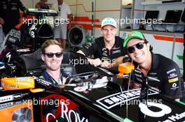 (L to R): Nico Hulkenberg (GER) Sahara Force India F1 and Sergio Perez (MEX) Sahara Force India F1 with Ricky Wilson (GBR) Kaiser Chiefs Lead Singer, in the Sahara Force India F1 VJM07. 03.07.2014. Formula 1 World Championship, Rd 9, British Grand Prix, Silverstone, England, Preparation Day.