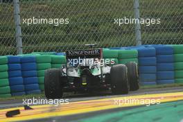 Nico Hulkenberg (GER) Sahara Force India F1 VJM07 crashes out of the race. 27.07.2014. Formula 1 World Championship, Rd 11, Hungarian Grand Prix, Budapest, Hungary, Race Day.