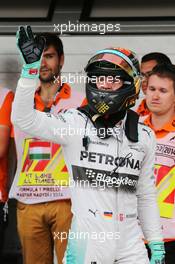 Nico Rosberg (GER) Mercedes AMG F1 celebrates his pole position in parc ferme. 26.07.2014. Formula 1 World Championship, Rd 11, Hungarian Grand Prix, Budapest, Hungary, Qualifying Day.