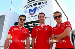 (L to R): Jules Bianchi (FRA) Marussia F1 Team with Alexander Rossi (USA) Marussia F1 Team Reserve Driver and Max Chilton (GBR) Marussia F1 Team. 24.07.2014. Formula 1 World Championship, Rd 11, Hungarian Grand Prix, Budapest, Hungary, Preparation Day.