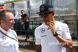 Lewis Hamilton (GBR) Mercedes AMG F1 with Paddy Lowe (GBR) Mercedes AMG F1 Executive Director (Technical). 24.07.2014. Formula 1 World Championship, Rd 11, Hungarian Grand Prix, Budapest, Hungary, Preparation Day.