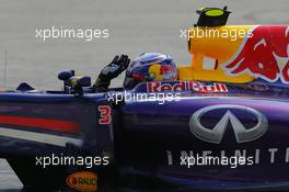 Daniel Ricciardo (AUS) Red Bull Racing RB10 celebrates at the end of the race. 07.09.2014. Formula 1 World Championship, Rd 13, Italian Grand Prix, Monza, Italy, Race Day.