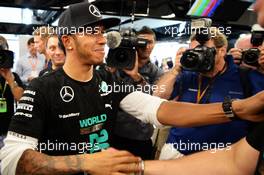 Lewis Hamilton (GBR) Mercedes AMG F1 celebrates winning the 2014 Constructors' Championship with the team. 12.10.2014. Formula 1 World Championship, Rd 16, Russian Grand Prix, Sochi Autodrom, Sochi, Russia, Race Day.