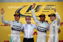 1st place for Lewis Hamilton (GBR) Mercedes AMG F1 2nd place for Nico Rosberg (GER) Mercedes AMG F1 W05 and 3rd place for Valtteri Bottas (FIN) Williams FW36. 12.10.2014. Formula 1 World Championship, Rd 16, Russian Grand Prix, Sochi Autodrom, Sochi, Russia, Race Day.