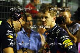 Sebastian Vettel (GER) Red Bull Racing with Guillaume Rocquelin (ITA) Red Bull Racing Race Engineer on the grid. 21.09.2014. Formula 1 World Championship, Rd 14, Singapore Grand Prix, Singapore, Singapore, Race Day.