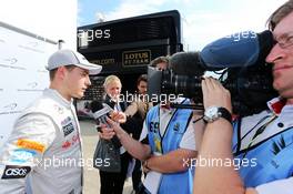 Stoffel Vandoorne (BEL) McLaren Test and Reserve Driver with the media. 08.07.2014. Formula One Testing, Silverstone, England, Tuesday.