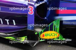 Flow-vis paint on the Red Bull Racing RB10 sidepod. 08.07.2014. Formula One Testing, Silverstone, England, Tuesday.