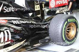 Pastor Maldonado (VEN) Lotus F1 E21 rear suspension detail. 08.07.2014. Formula One Testing, Silverstone, England, Tuesday.