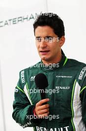Julian Leal (COL) Caterham F1 Team Test Driver with the media. 09.07.2014. Formula One Testing, Silverstone, England, Wednesday.