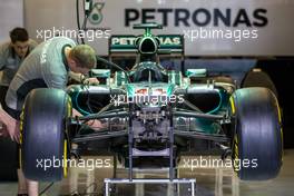 Mercedes AMG F1 W05 of Lewis Hamilton (GBR) Mercedes AMG F1 prepared in the pits. 20.11.2014. Formula 1 World Championship, Rd 19, Abu Dhabi Grand Prix, Yas Marina Circuit, Abu Dhabi, Preparation Day.