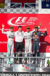 The podium (L to R): Nico Rosberg (GER) Mercedes AMG F1, second; Lewis Hamilton (GBR) Mercedes AMG F1, race winner; Daniel Ricciardo (AUS) Red Bull Racing, third. 02.11.2014. Formula 1 World Championship, Rd 17, United States Grand Prix, Austin, Texas, USA, Race Day.