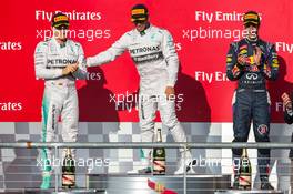 The podium (L to R): Nico Rosberg (GER) Mercedes AMG F1, second; Lewis Hamilton (GBR) Mercedes AMG F1, race winner; Daniel Ricciardo (AUS) Red Bull Racing, third. 02.11.2014. Formula 1 World Championship, Rd 17, United States Grand Prix, Austin, Texas, USA, Race Day.