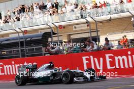 Race winner Lewis Hamilton (GBR) Mercedes AMG F1 W05 celebrates at the end of the race. 02.11.2014. Formula 1 World Championship, Rd 17, United States Grand Prix, Austin, Texas, USA, Race Day.