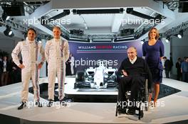 (L to R): Valtteri Bottas (FIN) Williams with team mate Felipe Massa (BRA) Williams; Frank Williams (GBR) Williams Team Owner and Claire Williams (GBR) Williams Deputy Team Principal, with the new Martini liveried Williams FW36. 06.03.2014. Formula One Launch, Williams FW36 Official Unveiling, London, England.