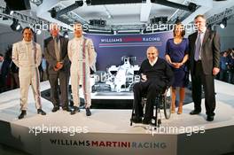 (L to R): Felipe Massa (BRA) Williams; Pat Symonds (GBR) Williams Chief Technical Officer; Valtteri Bottas (FIN) Williams; Frank Williams (GBR) Williams Team Owner; Claire Williams (GBR) Williams Deputy Team Principal, with the new Martini liveried Williams FW36. 06.03.2014. Formula One Launch, Williams FW36 Official Unveiling, London, England.