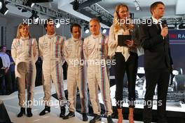 The Williams FW36 with Martini livery is unveiled. (L to R): Susie Wolff (GBR) Williams Development Driver; Felipe Nasr (BRA) Williams Test and Reserve Driver; Felipe Massa (BRA) Williams; Valtteri Bottas (FIN) Williams; Jodie Kidd (GBR); Jake Humphrey (GBR). 06.03.2014. Formula One Launch, Williams FW36 Official Unveiling, London, England.