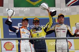 Race 2, 1st position Felipe Nasr (BRA) Williams Test and Reserve Driver, 2nd position Johnny Cecotto Jr. (VEN) Trident and 3rd position Jolyon Palmer (GBR) Dams 24.08.2014. GP2 Series, Rd 8, Spa-Francorchamps, Belgium, Sunday.