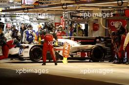 Lucas di Grassi (BRA) / Tom Kristensen (DEN) / Marc Gene (ESP) #01 Audi Sport Team Joest, Audi R18 e-tron quattro Hybrid back in the garage 15.06.2014. Le Mans 24 Hour, Le Mans Race, France.