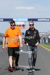 Nico Hulkenberg (GER) Sahara Force India F1 walks the circuit with Bradley Joyce (GBR) Sahara Force India F1 Race Engineer. 11.03.2015. Formula 1 World Championship, Rd 1, Australian Grand Prix, Albert Park, Melbourne, Australia, Preparation Day.
