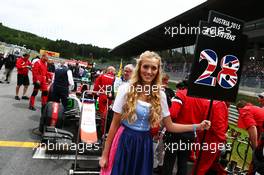 Grid girl for Will Stevens (GBR) Manor Marussia F1 Team. 21.06.2015. Formula 1 World Championship, Rd 8, Austrian Grand Prix, Spielberg, Austria, Race Day.