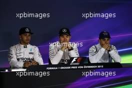 The post race FIA Press Conference (L to R): Lewis Hamilton (GBR) Mercedes AMG F1, second; Nico Rosberg (GER) Mercedes AMG F1, race winner; Felipe Massa (BRA) Williams, third..  21.06.2015. Formula 1 World Championship, Rd 8, Austrian Grand Prix, Spielberg, Austria, Race Day.