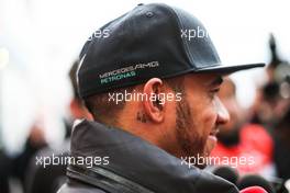 Lewis Hamilton (GBR) Mercedes AMG F1 with the media. 28.02.2015. Formula One Testing, Day Three, Barcelona, Spain.