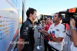 Nick Yelloly (GBR) Sahara Force India F1 Test Driver with the media. 12.05.2015. Formula 1 Testing, Day One, Barcelona, Spain, Tuesday.