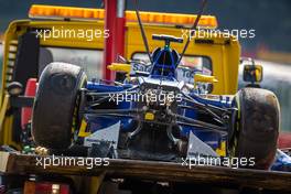 The damaged Sauber C34 of Marcus Ericsson (SWE) Sauber F1 Team after he crashed in the second practice session. 21.08.2015. Formula 1 World Championship, Rd 11, Belgian Grand Prix, Spa Francorchamps, Belgium, Practice Day.
