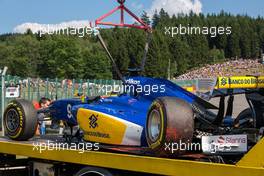 The damaged Sauber C34 of Marcus Ericsson (SWE) Sauber F1 Team after he crashed in the second practice session. 21.08.2015. Formula 1 World Championship, Rd 11, Belgian Grand Prix, Spa Francorchamps, Belgium, Practice Day.
