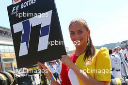 Grid girl. 23.08.2015. Formula 1 World Championship, Rd 13, Belgian Grand Prix, Spa Francorchamps, Belgium, Race Day.