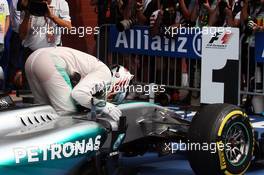 Race winner Lewis Hamilton (GBR) Mercedes AMG F1 W06 celebrates in parc ferme. 23.08.2015. Formula 1 World Championship, Rd 13, Belgian Grand Prix, Spa Francorchamps, Belgium, Race Day.