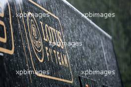 Lotus F1 Team truck and logo in a post race rain storm. 23.08.2015. Formula 1 World Championship, Rd 13, Belgian Grand Prix, Spa Francorchamps, Belgium, Race Day.