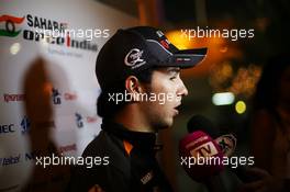 Sergio Perez (MEX) Sahara Force India F1 with the media. 17.04.2015. Formula 1 World Championship, Rd 4, Bahrain Grand Prix, Sakhir, Bahrain, Practice Day