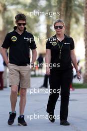 Romain Grosjean (FRA) Lotus F1 Team with Aurelie Donzelot (FRA) Lotus F1 Team Media Communications Manager. 19.04.2015. Formula 1 World Championship, Rd 4, Bahrain Grand Prix, Sakhir, Bahrain, Race Day.