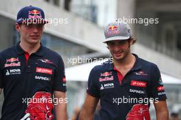 (L to R): Max Verstappen (NLD) Scuderia Toro Rosso with team mate Carlos Sainz Jr (ESP) Scuderia Toro Rosso. 13.11.2015. Formula 1 World Championship, Rd 18, Brazilian Grand Prix, Sao Paulo, Brazil, Practice Day.