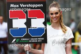 Grid girl for Max Verstappen (NLD) Scuderia Toro Rosso. 15.11.2015. Formula 1 World Championship, Rd 18, Brazilian Grand Prix, Sao Paulo, Brazil, Race Day.