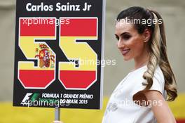 Grid girl for Carlos Sainz Jr (ESP) Scuderia Toro Rosso. 15.11.2015. Formula 1 World Championship, Rd 18, Brazilian Grand Prix, Sao Paulo, Brazil, Race Day.
