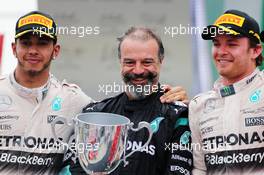 The podium (L to R): Jimmy Waddell (GBR) Mercedes AMG F1 Composite Inspector; Lewis Hamilton (GBR) Mercedes AMG F1, second; Nico Rosberg (GER) Mercedes AMG F1, race winner. 15.11.2015. Formula 1 World Championship, Rd 18, Brazilian Grand Prix, Sao Paulo, Brazil, Race Day.